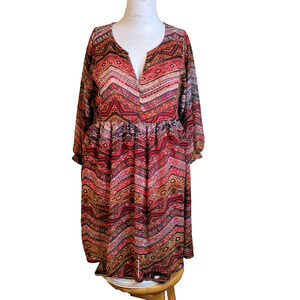 Umgee USA Small Dress Women v-neck geometric patchwork lining round neck